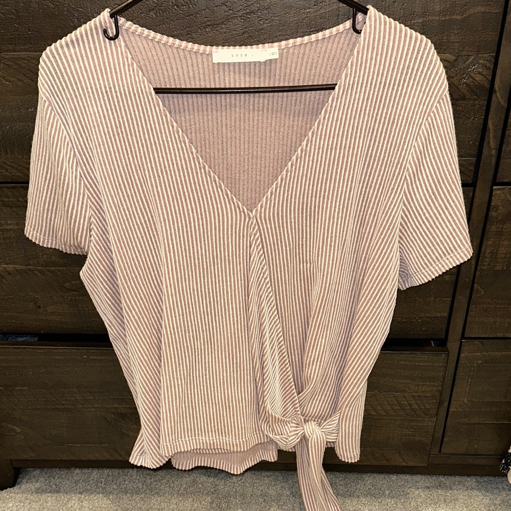 Lush Pink Striped V-Neck Tie-Front Blouse